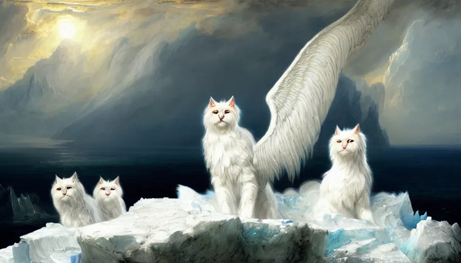 Image similar to highly detailed painting of white giant griffon cat bears with large feathered wings on a blue and white iceberg by william turner, by greg rutkowski, by william constable, thick brush strokes and visible paint layers, 4 k resolution