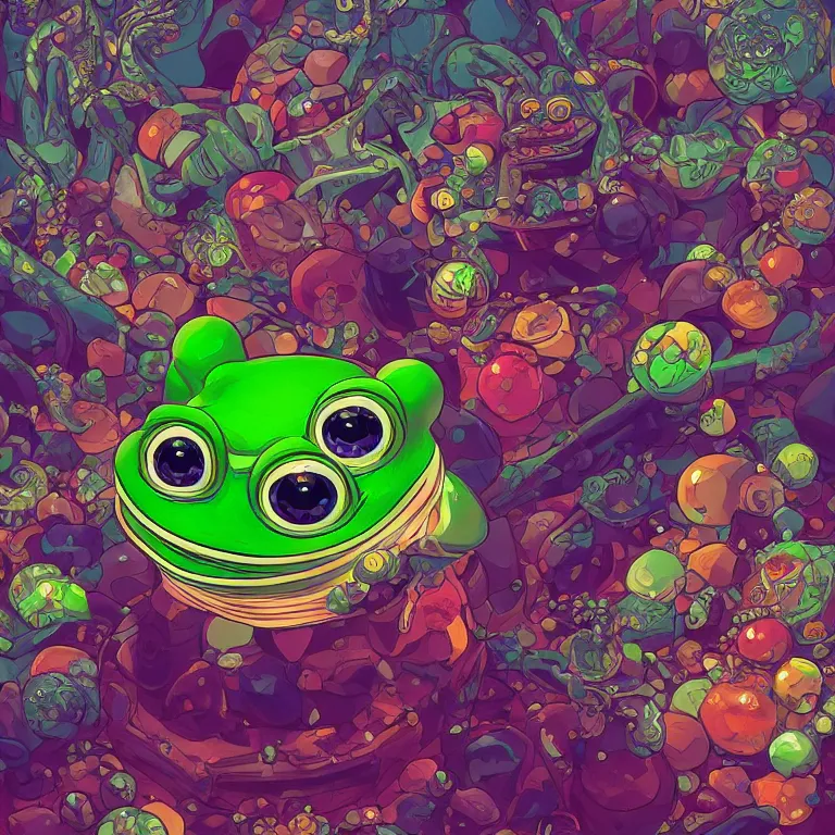 Image similar to maximalist detailed gemstone pepe the frog by adoryanti, machine. delusions, holosomnia, electrixbunny, rendered in discodiffusion. decorated with pearls and gems, behance hd by jesper ejsing, by rhads, makoto shinkai, ilya kuvshinov, rossdraws global illumination ray tracing hdr radiating a glowing aura