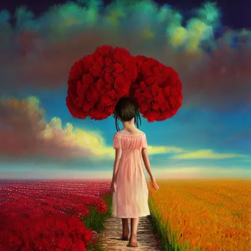 Image similar to head of carnations flower, girl walking in a flower field, surreal photography, sunrise dramatic light, impressionist painting, colorful clouds, digital painting, artstation, simon stalenhag, flower face