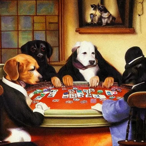 Image similar to 4 dogs playing poker oil painting high detail,