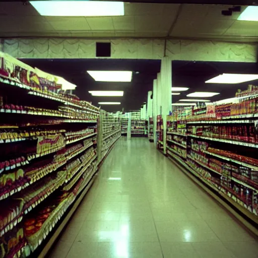 Image similar to an empty grocery store with lots of fog, 1 9 9 0 s photo