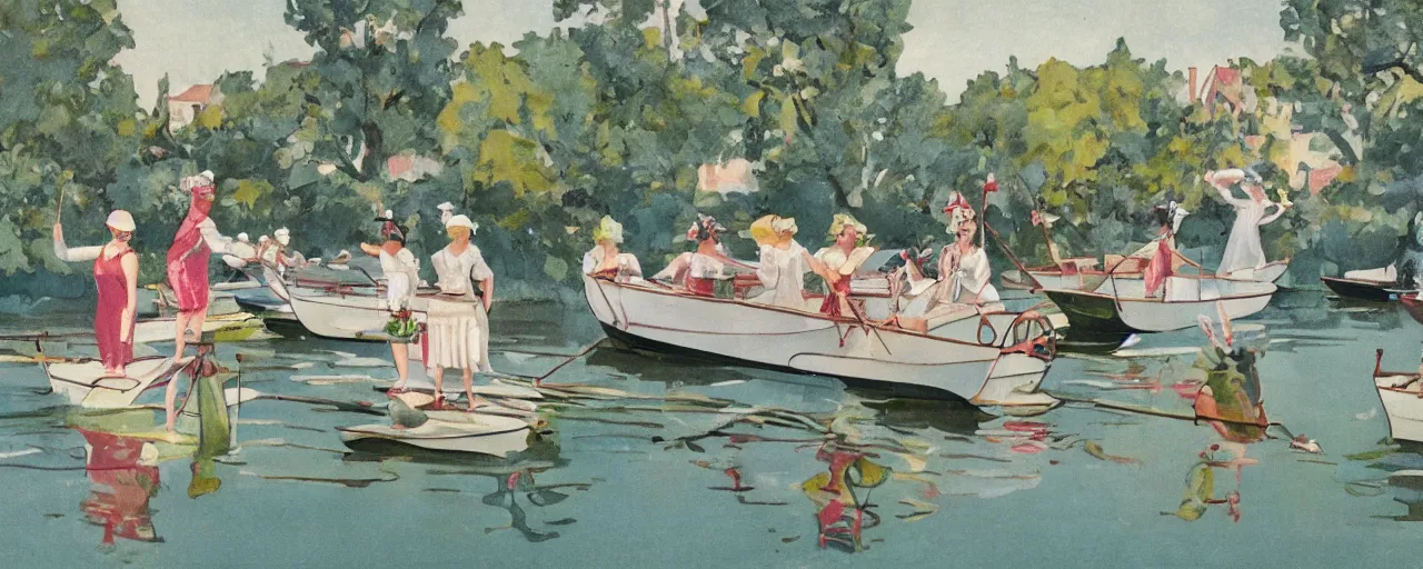 Prompt: a group ladies sailing 1920s pond yachts. Lush garden. Art nouveau architecture