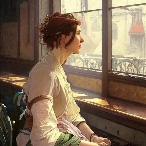 Image similar to woman in coffee shop, portrait art by alphonse mucha and greg rutkowski, highly detailed, digital painting, concept art, illustration, dim lighting with twilight rays of sunlight, trending on artstation, very detailed, smooth, sharp focus, octane render