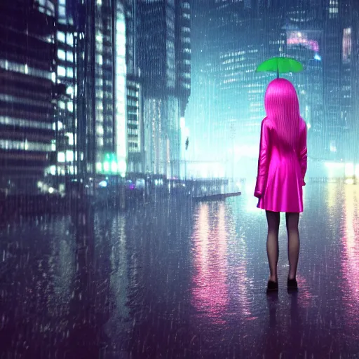 Prompt: city of the future, many skyscrapers, blade runner style, hyper-realistic, octane render, realistic, real, street, rain, beautiful girl with umbrella wearing bikini and clear raincoat with pink hair, cinematic, 8k, very intricate, 80's, night,
