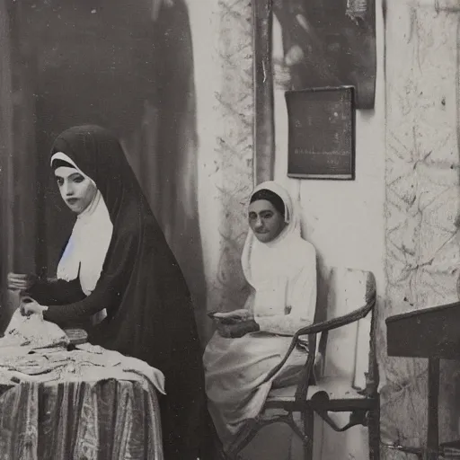 Image similar to elite egyptian woman at a french tailor in cairo, vintage photo, soft lighting, 1 8 9 0