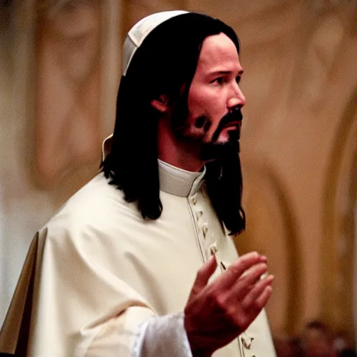 Prompt: keanu reeves in as Pope of Rome, 35 mm, by Terry O'neil