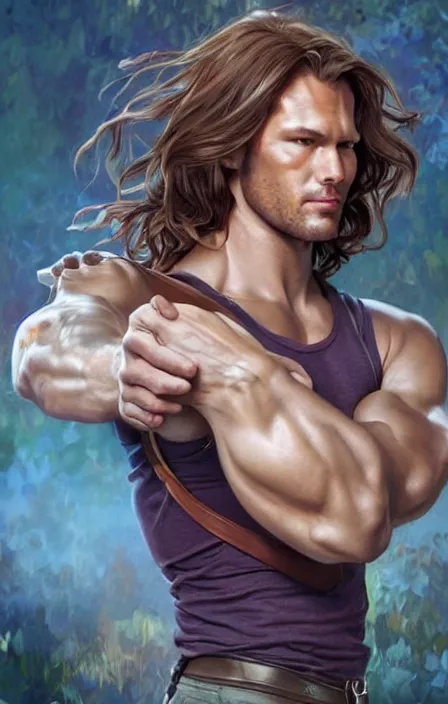 Image similar to photorealistic, canon eos 5 d mark iv, pretty muscular sam winchester as a character in romance book art design, character concept, sharp focus!, ultra detailed, art by artgerm alphonse mucha, wlop