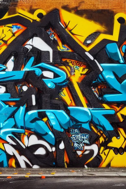 Image similar to extreme graffiti tag mural maximalism, yellow, brown, black and cyan, octane render