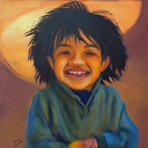 Image similar to “little boy happy golden hour oil panting”