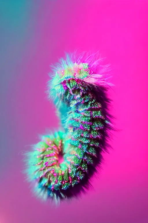 Image similar to high quality close-up photo pearlescent fluffy caterpillar! gorgeous highly detailed hannah yata elson peter cinematic pink lighting high quality low angle hd 8k sharp shallow depth of field