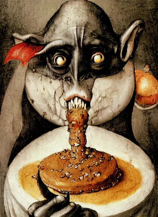 Image similar to medieval goblin eating cakes painted by hieronymus bosch, detailed digital art, trending on Artstation