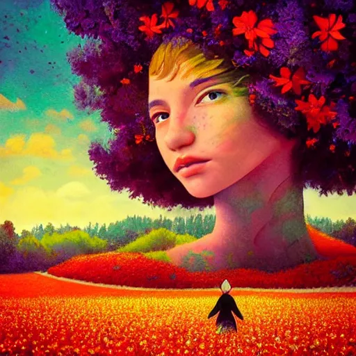 Image similar to girl with one blooming flower as a face, surreal photography, dream, standing in flower field, hills, big trees, sunrise dramatic light, impressionist painting, colorful clouds, digital painting, pointillism, artstation, simon stalenhag, flower face