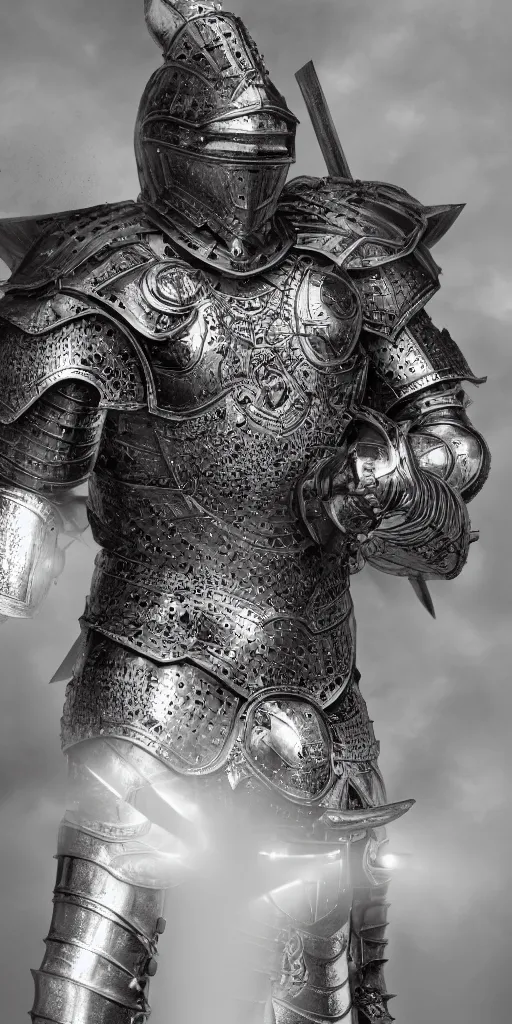 Prompt: Warrior wearing heavy armor with light reflecting around, beautiful detailed intricate insanely detailed octane render, 8k artistic photography, photorealistic, chiaroscuro, by David Cronenberg, Raphael, Caravaggio