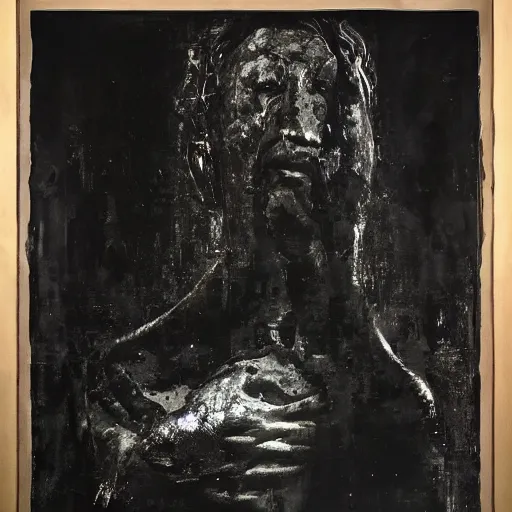 Prompt: The mixed mediart shows a the large, black-clad figure of the king looming over a small, defenseless figure huddled at his feet. The king's face is hidden in shadow, but his menacing stance and the large, sharp claws on his hands make it clear that he is a dangerous and powerful creature. by Nicola Samori realist