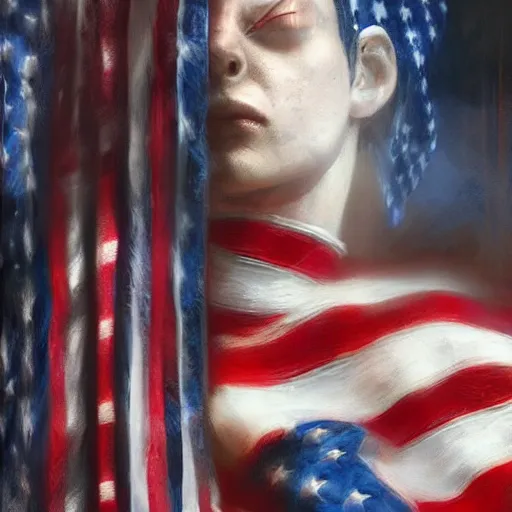 Image similar to american flag lapel pin in the woods, digital art by ruan jia and mandy jurgens and artgerm, realistic face, highly detailed, trending on artstation, award winning