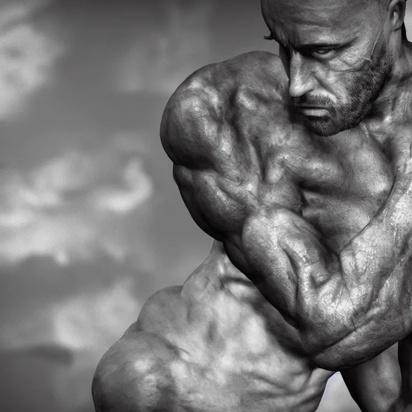 Image similar to a single muscular man wearing torn clothes, looking to the right, profile picture, hyperrealistic, concept art, octane render, unreal engine 5, trending on artstation, high quality, highly detailed, 8 k, dramatic lighting, cinematic, high coherence, anatomically correct, five fingers, digital art, seductive, black and white