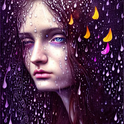 Image similar to girl finding freedom in psychedelic LSD rain with wet hair and face, fantasy, intricate, elegant, dramatic lighting, emotionally evoking symbolic metaphor, highly detailed, lifelike, photorealistic, digital painting, artstation, concept art, smooth, sharp focus, illustration, art by John Collier and Albert Aublet and Krenz Cushart and Artem Demura and Alphonse Mucha