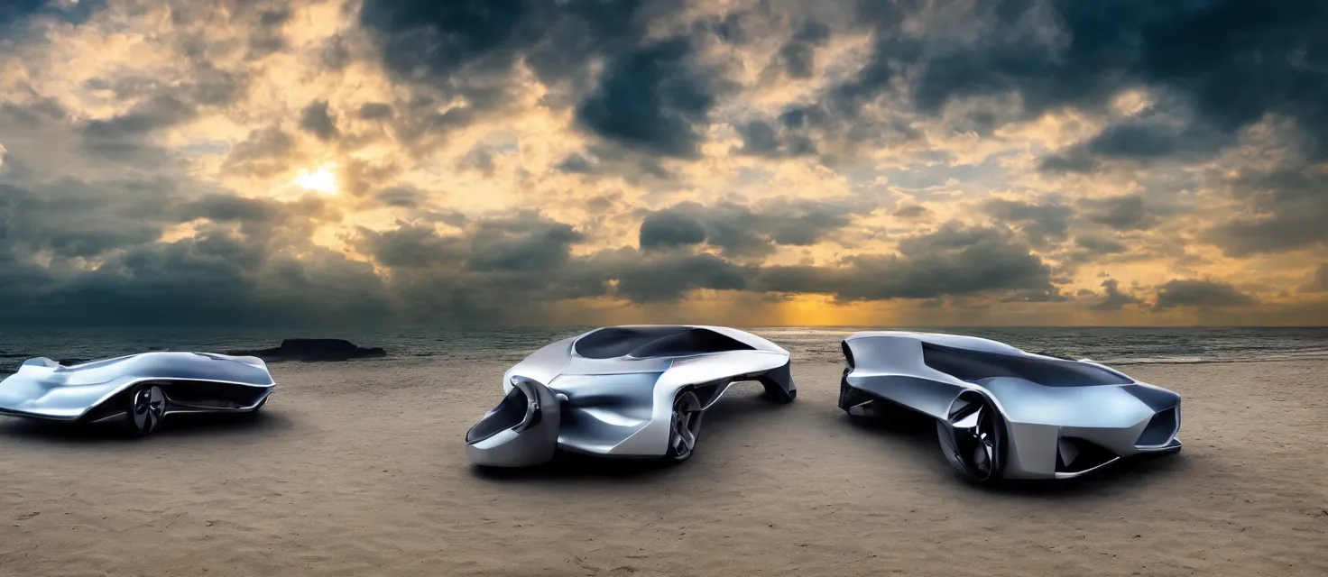 Prompt: futuristic luxury car from the year 2052, professional studio photography, award winning, dramatic lighting, clouds, colorful sunset, at the beach