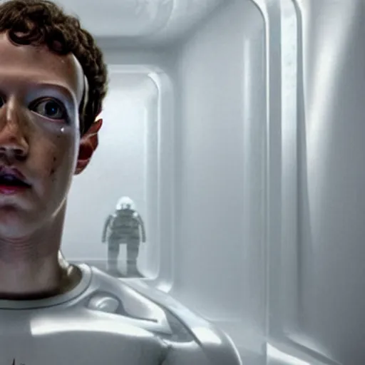 Image similar to a broken Mark Zuckerberg android cyborg head on the floor, leaking white slimy fluid. Nostromo Alien movie.