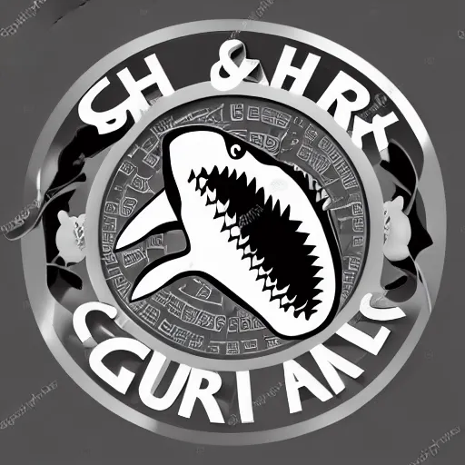 Image similar to Shark and guitar, roses and coins on the background logo, black and white