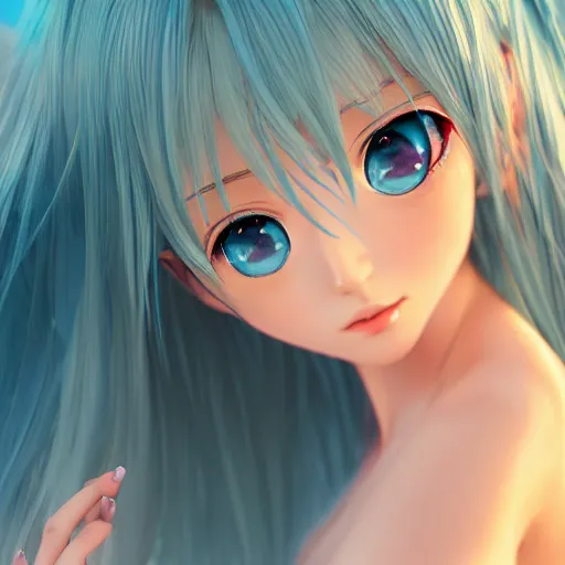 Prompt: render as a very beautiful 3d anime girl, full body, slim, long braided teal hair, azure blue eyes, full round face, short smile, Hajime Sorayama, serene beach setting, cinematic lightning, medium shot, mid-shot, highly detailed, trending on Artstation, Unreal Engine 4k, cinematic wallpaper