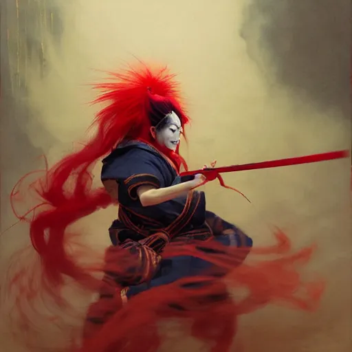 Prompt: an insane kabuki warrior wielding a spear while emitting a visible aura of madness, intricate hakama, red wig, crossed eyes, hazy atmosphere, high energy, in the style of jeremy lipking and peter mohrbacher,