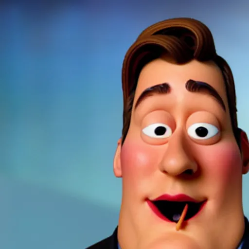 Image similar to photo of [ a single french fry chip ] shaped into stephen fry as a pixar character hybrid intercross mix cinematic lighting