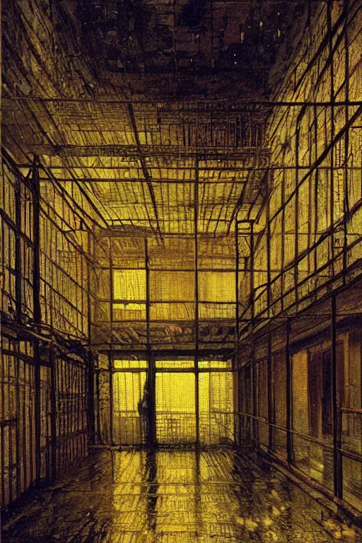 Image similar to a beautiful painting digital of a hall at night with broken windows with wooden crates metal grids by john atkinson grimshaw