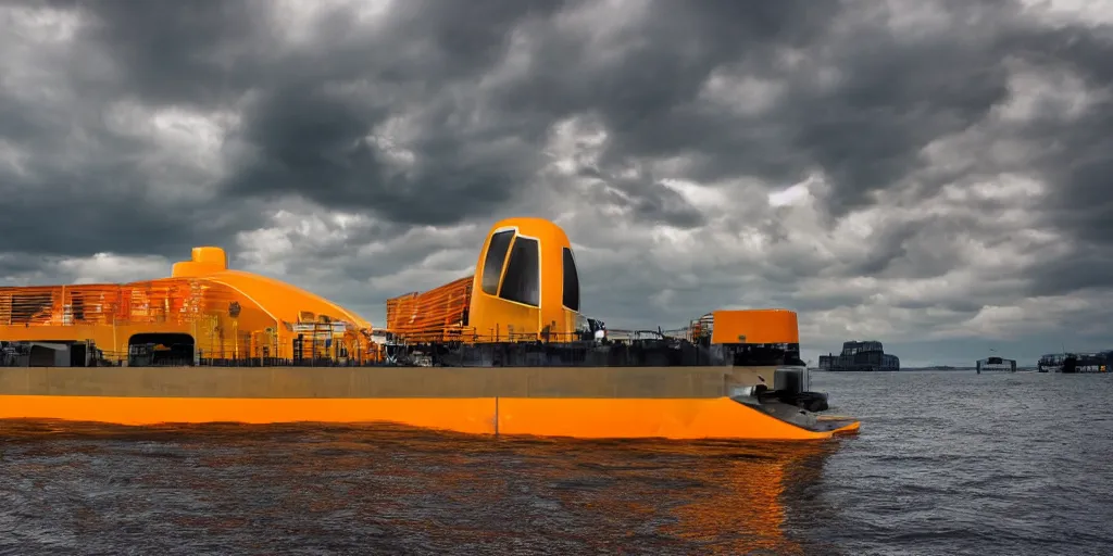 Prompt: futuristic barge ship, yellow - orange color, wide - angle lens, dramatic lighting, cool marketing photo