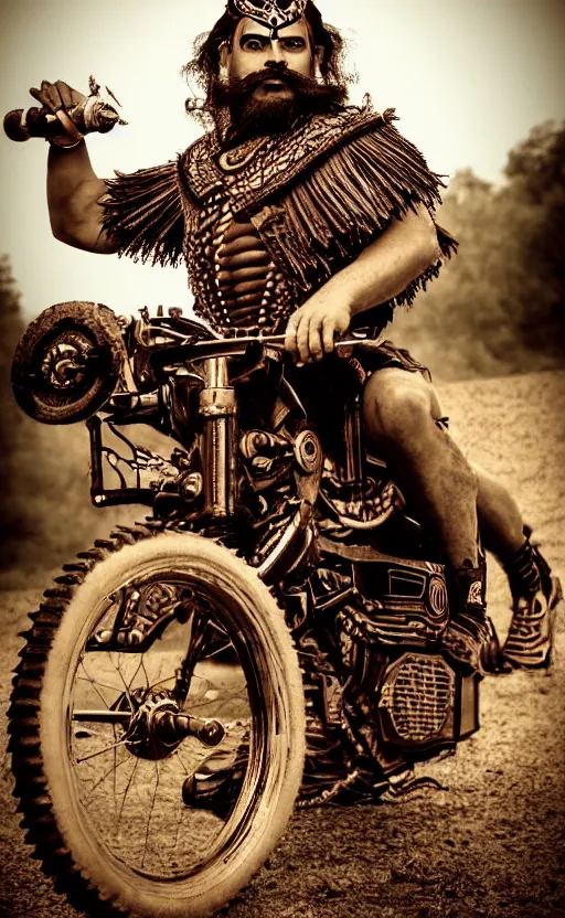 Image similar to old vintage full body photo of ancient aztec jaguar warrior with full beard riding vintage punk engine with one wheel, extreme sports photography ,super high speed photography, dynamic photography,symmetrical face, clean face, muscular body, high speed,dirt and grawel in air, lens flares, dust partiles in the air, dramatic lighting, intricate, highly detailed, centered, smooth, sharp focus, sports photography, old photo, black and white, sepia, cinematic lighting, cinematic angle, national geographic