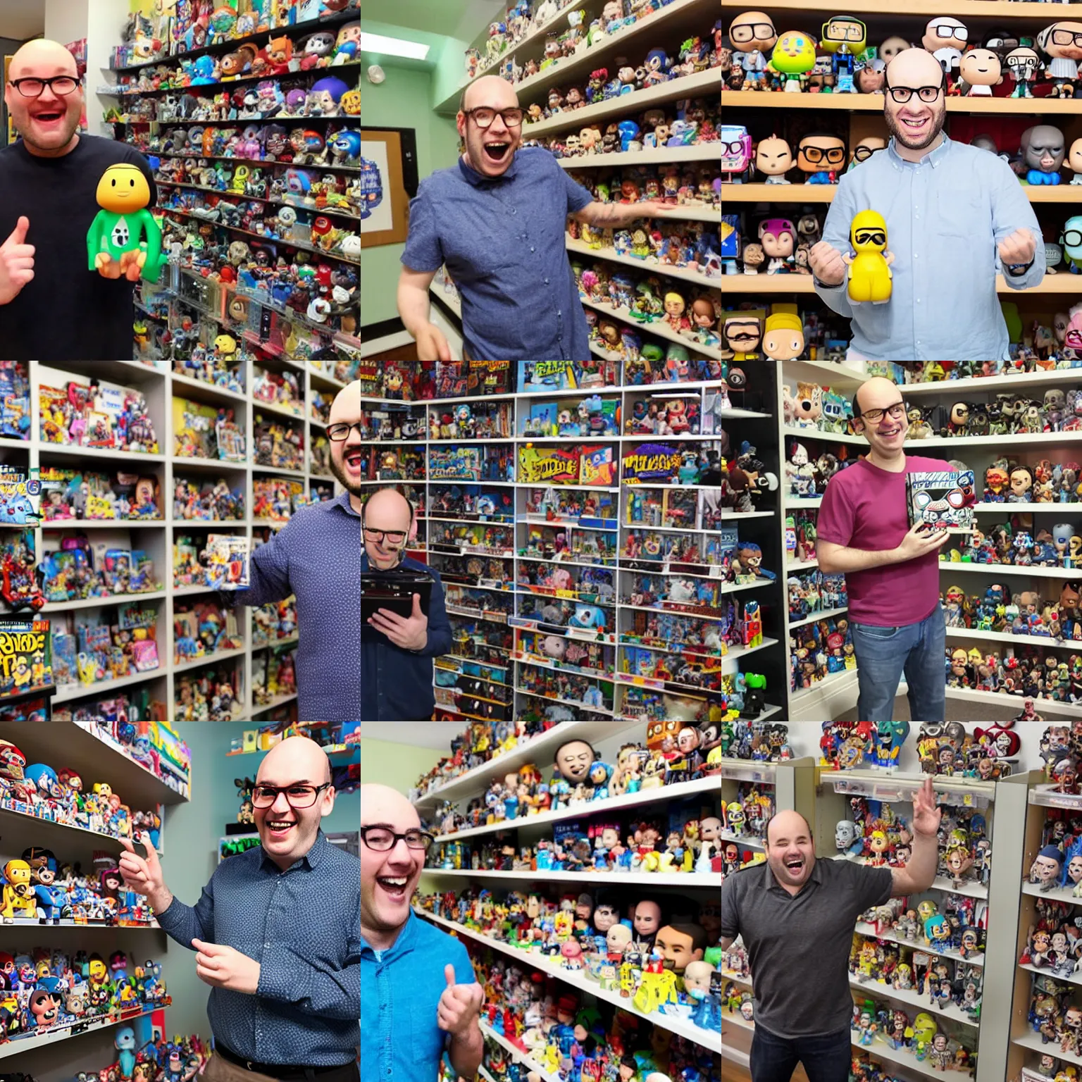 Prompt: an extremely happy nerdy balding guy surprised in front of his collection of funko pop, realistic