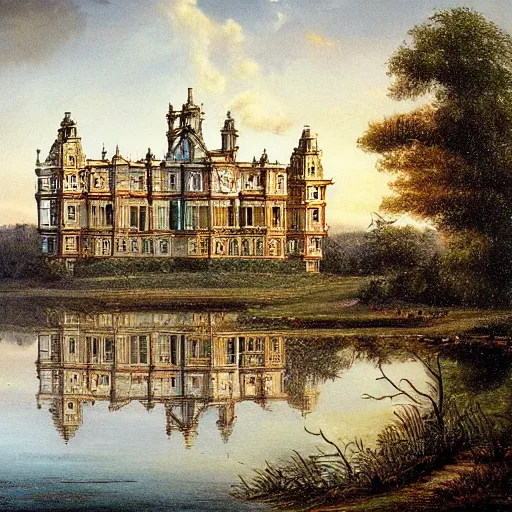 Prompt: painting of a large victorian palace near a lake. Well lit, detailed