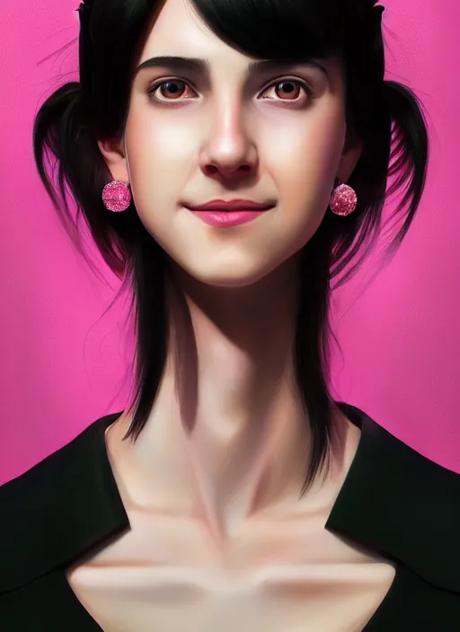 Image similar to portrait of high school girl, realistic, black hair, bangs, half updo hairstyle, pointy nose, skinny, smile, ugly, defined jawline, big chin, pink hair bow, earrings, intricate, elegant, glowing lights, highly detailed, digital painting, artstation, sharp focus, illustration, art by wlop, mars ravelo and greg rutkowski