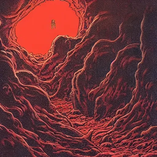 Image similar to rip torn entering a chasm full of unspeakable cosmic horrors, horror, blood red, terrifying atmosphere, atmospheric, by moebius, 8 k