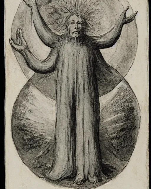 Prompt: a druid standing in a circle at the beginning of the world by william blake