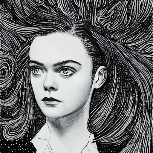 Prompt: professional painting of Elle Fanning in the style of Jack Gaughan, head and shoulders portrait, symmetrical facial features, smooth, sharp focus, illustration, intricate, stormy weather, extremely detailed masterpiece,