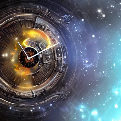 Prompt: the universe, in the face of a clock. concept art, trending on art station.