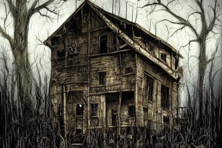 Prompt: mad horror painting of an old wooden house in the woods by ben templesmith