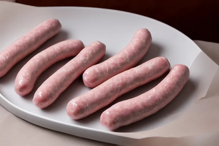 Image similar to cream filled and pink frosted uncooked sausages, studio lighting, photorealistic