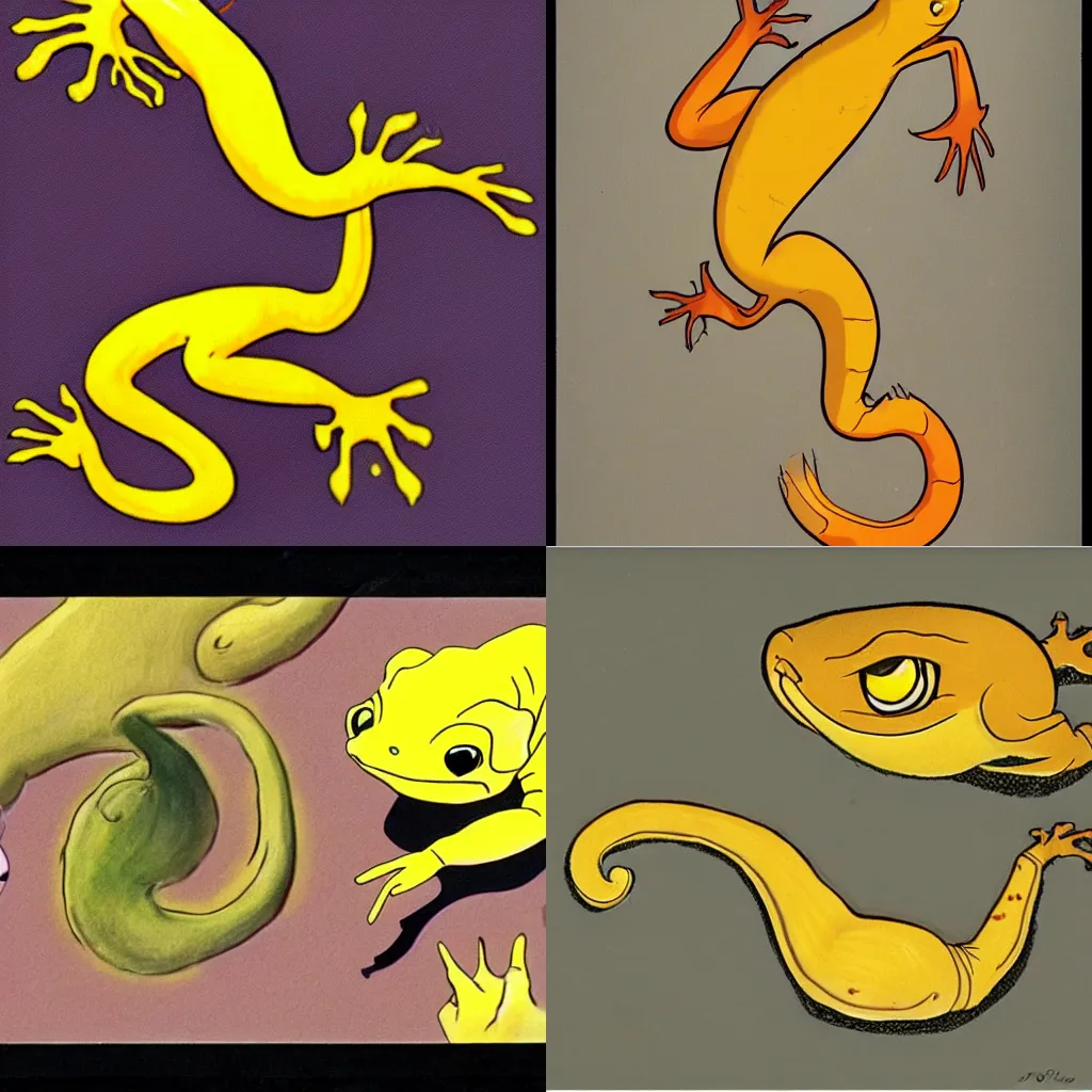 Prompt: a yellow salamander drawn by don bluth, 1997 film, animated