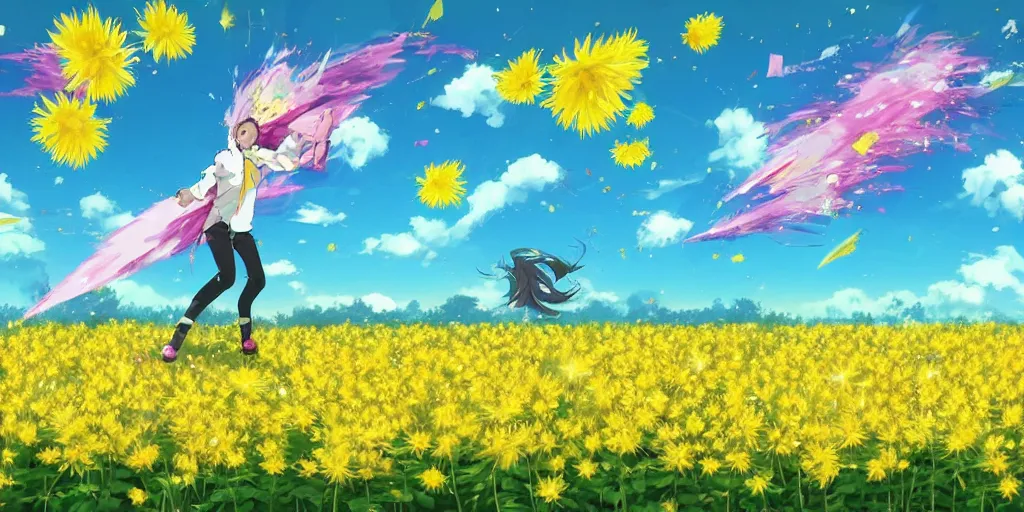 Image similar to background art of magic invisible blade slicing through a bouquet of yellow daisies, flowers exploding spraying and splattering, big puffy clouds, exploding roses, force waves, large rose petals, lotus petals, large polygonal background elements, large polygons, studio ghibli anime, radiant lighting, artgerm, manga, trending on artstation, art nouveau, mature colors