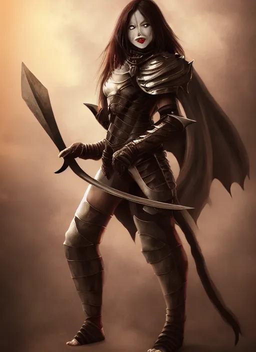 Prompt: female vampire warrior, full body portrait, sharp teeth, grinning, muscular, flying, modest outfit, barefoot, foot wraps, polished toenails, black full plate armor, historical armor, realistic armor, metal mask, holding a monstrous zweihander, ghostblade, wlop, asian fantasy.