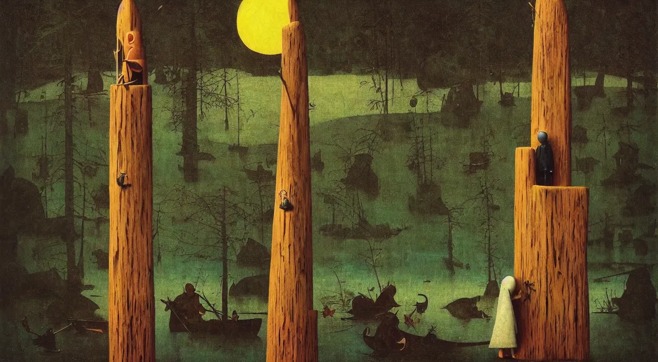 Prompt: single flooded simple!! wooden totem!! pole, very coherent and colorful high contrast masterpiece by norman rockwell franz sedlacek hieronymus bosch dean ellis simon stalenhag rene magritte gediminas pranckevicius, dark shadows, sunny day, hard lighting