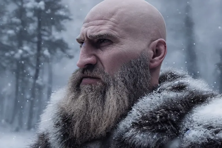 Image similar to vfx movie tough bald man in furs, natural grizzled skin, streaks of red face paint grey beard, dual wielding detailed viking war axes, in snowy tahoe, god of war by emmanuel lubezki