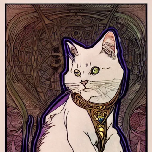 Image similar to an art nouveau cat wearing a hooded coat by moebius and james gurney and mucha