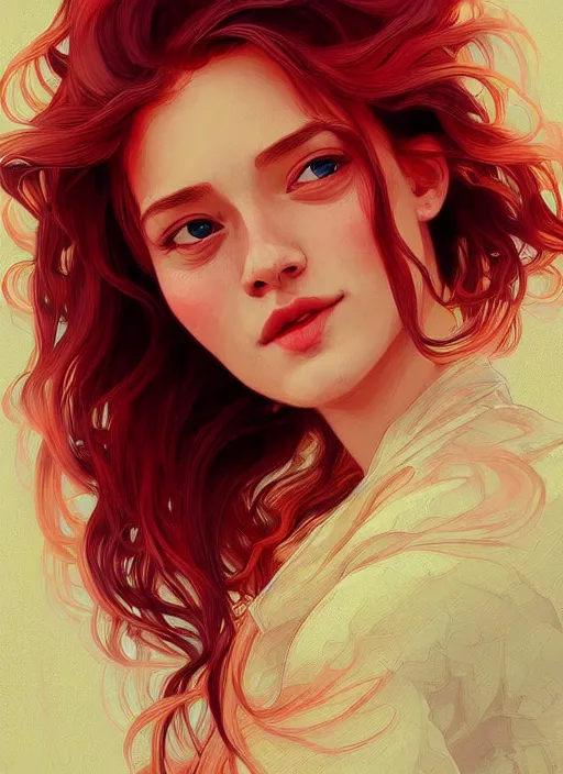 Prompt: handsome young women with shoulder length red hair, half body shot, path traced, highly detailed, high quality, digital painting, alena aenami, lilia alvarado, shinji aramaki, karol bak, alphonse mucha, tom bagshaw