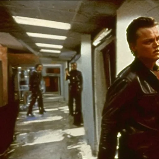 Image similar to film still of leonardo di caprio as t - 1 0 0 0 walking through bars in hospital scene in terminator 2