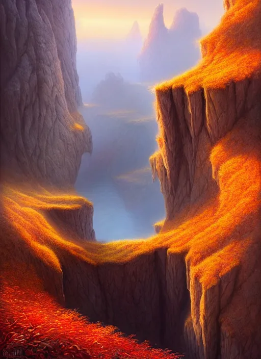 Image similar to autumn mornings in the low - poly cliffs of illusions, diffuse lighting, fantasy, intricate, surrealism!!!!, highly detailed, lifelike, photorealistic, digital painting, artstation, illustration, concept art, smooth, sharp focus, by greg rutkowski, chris tulloch mccabe, valentina remenar and asher duran,
