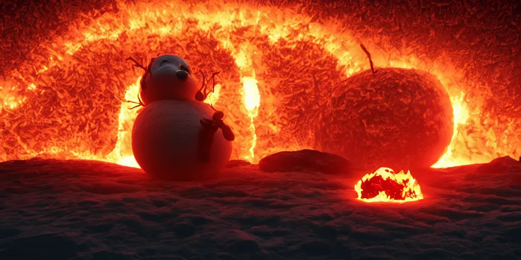 Image similar to a melted glowing snowman melting on top of the sun. the ground is made of fire and lava and is glowing orange. cinematic, dramatic, epic, volumetric lighting, atmospheric, red, orange extremely coherent, masterpiece, highly detailed, trending on artstation, 8 k, space, warm, solar flare, blade runner 2 0 4 9