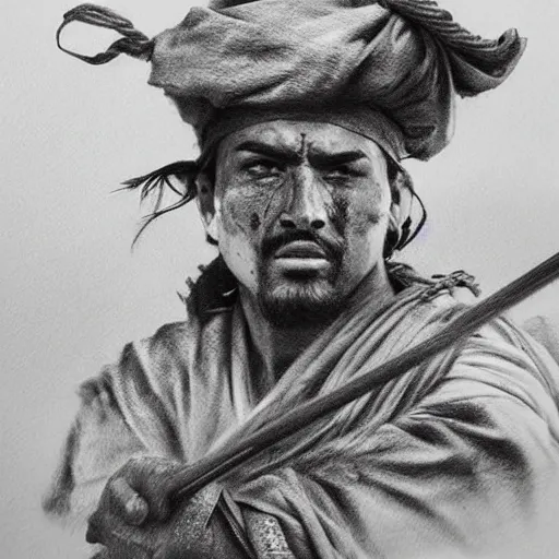 Image similar to Kurdish samurai, detailed charcoal sketch, realistic, incredibly detailed, award winning art, cinematic, extremely high detail, concept art